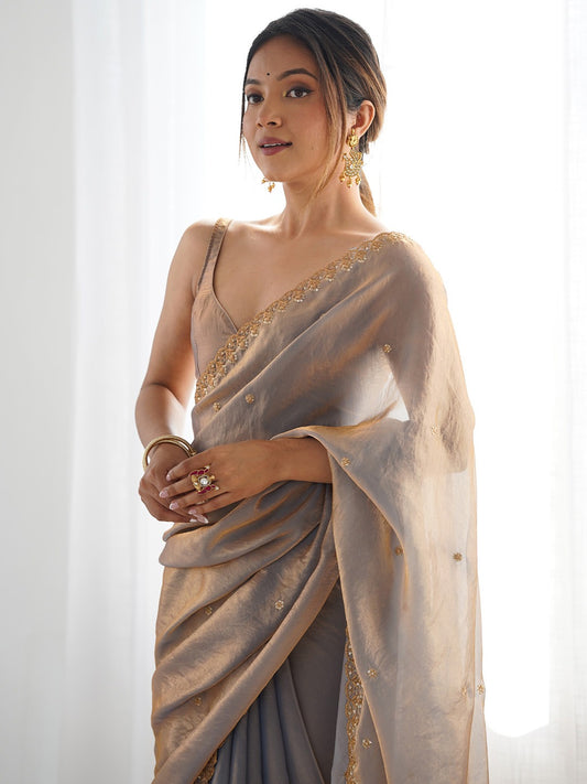 Grey Gold Satin Silk Saree
