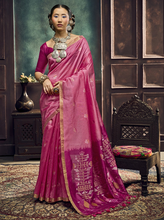 Pink zari butta silk blend saree with magenta blouse piece