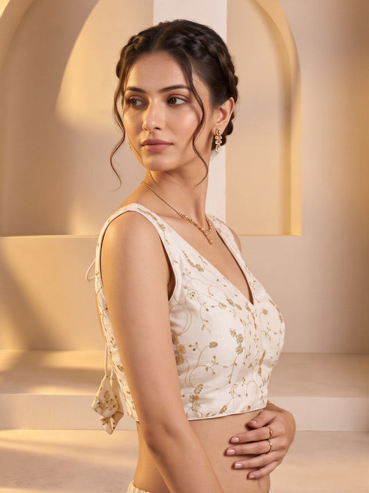 White sequin embroidered vichitra silk sleeveless readymade saree blouse with v neck