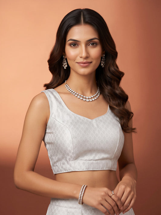 White woven brocade silk blend sleeveless readymade saree blouse with sweetheart neck