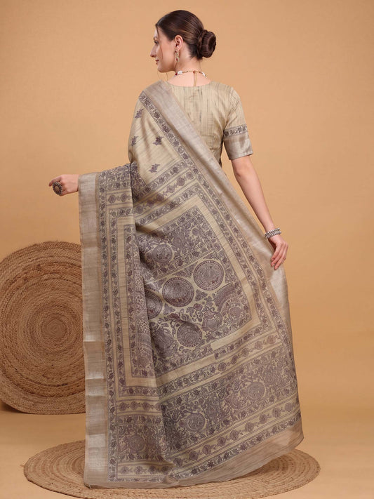 Beige Satin Silk saree – detail view 1
