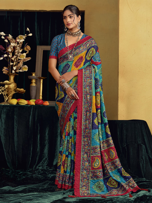 Teal Blue floral tussar silk saree with teal blue blouse piece