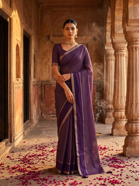 Woman wearing purple viscose saree with checked pattern design and purple blouse