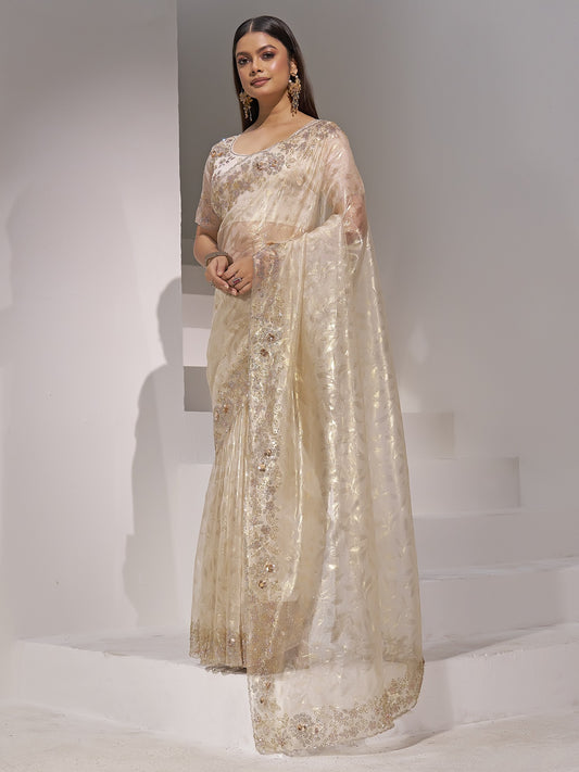 Cream organza saree view 1
