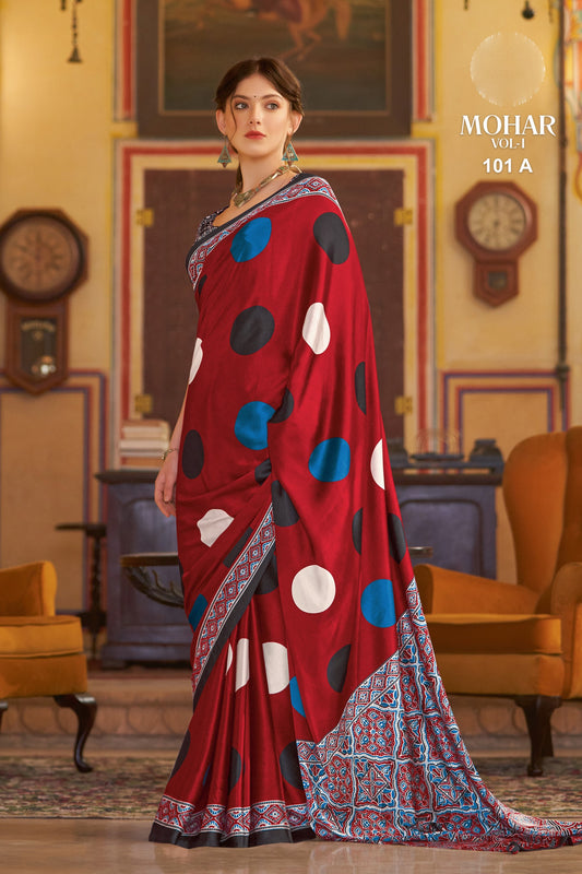 Deep Red Polka Dot Saree with Ajrakh Border