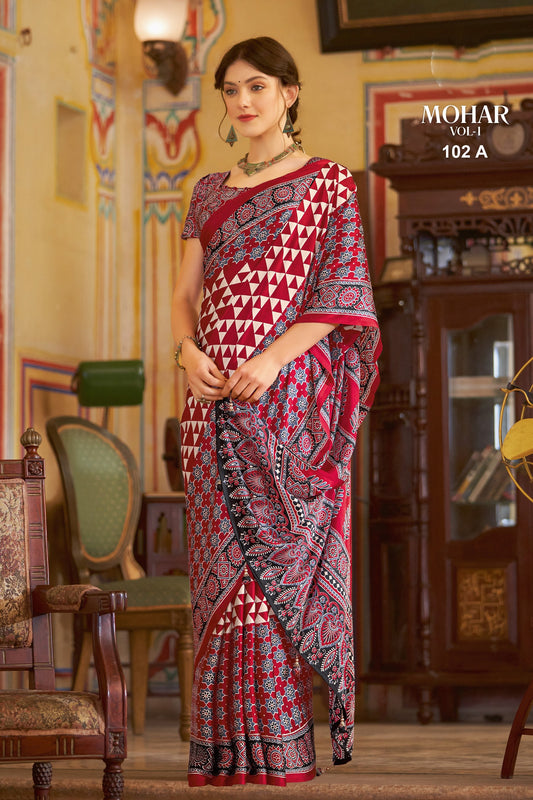 Red Geometric Print Saree with Ajrakh Pallu