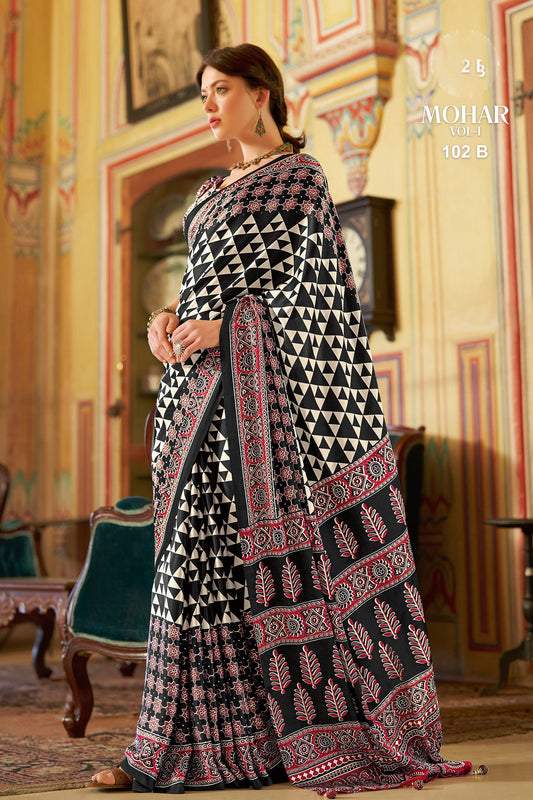 Black Geometric Print Saree with Ajrakh Pallu