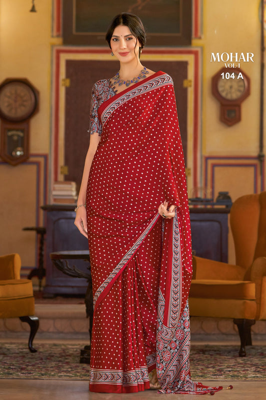Red Polka Dot Saree with Ajrakh Pallu