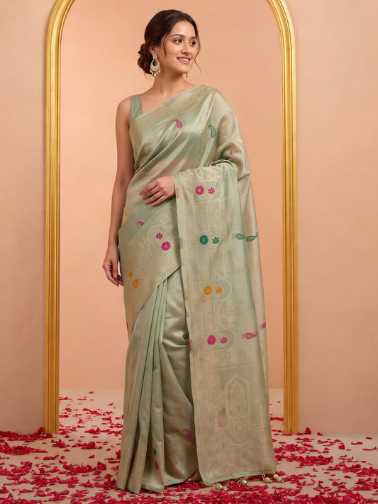 Sea Green woven design silk blend saree with sea green blouse piece