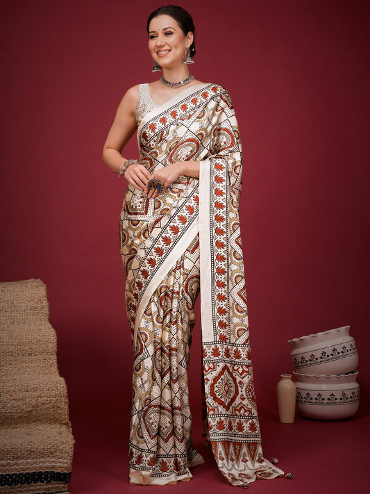 Woman wearing off white satin saree with ajrak block-print motif work and off white blouse