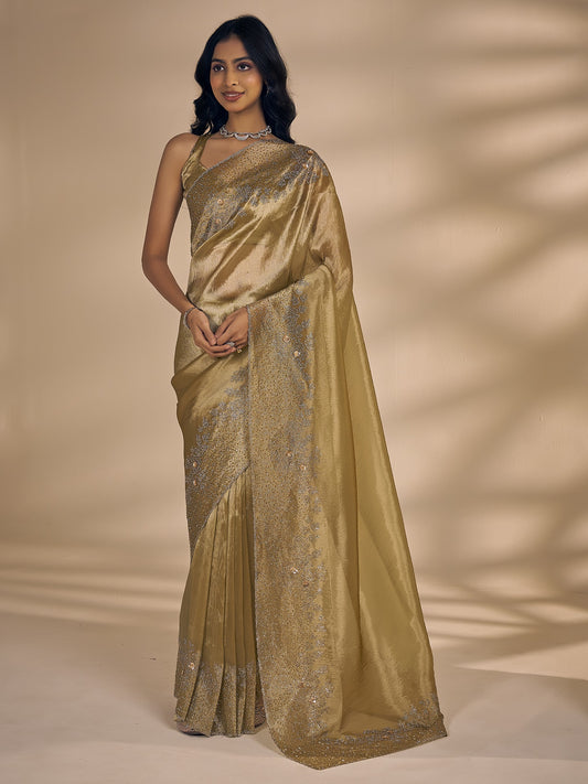 Olive applique organza saree with olive blouse piece