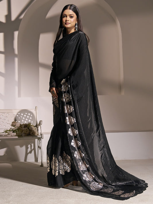 Black satin silk saree view 1