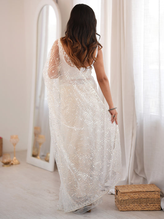 White Net saree – detail view 1