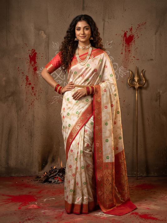 Woman wearing white banarasi silk saree with zari butta (metallic motif) work and red blouse