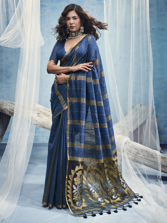 Blue striped muga cotton saree with blue blouse piece