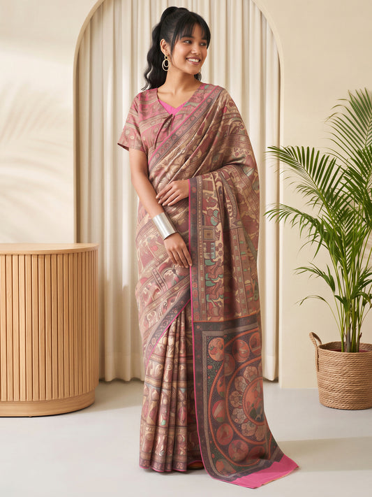 Woman wearing beige silk blend saree with madhubani folk-art motifs and pink blouse