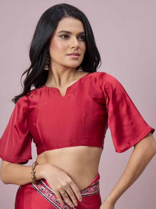 Red satin saree view 1