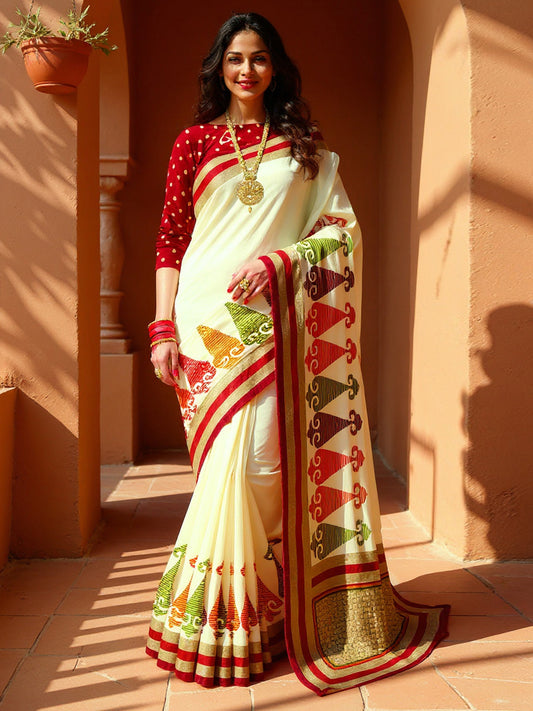 Ivory Silk Saree with Tribal Applique