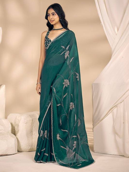 Teal Green embellished satin silk saree with teal green blouse piece