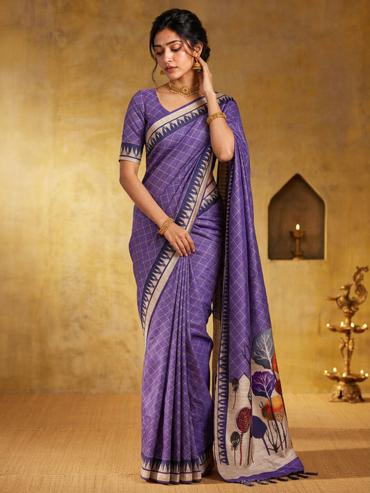 Purple geometric soft silk saree with purple blouse piece