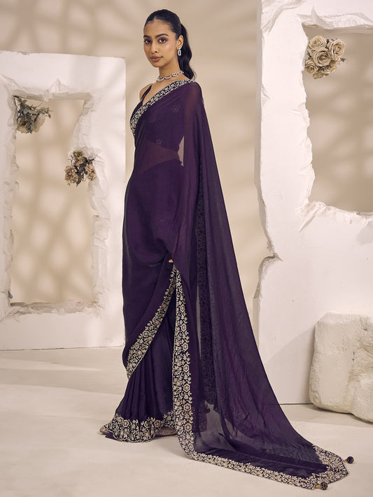 Purple satin silk saree view 1
