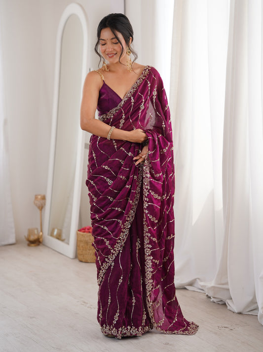 Wine embellished satin saree with wine blouse piece