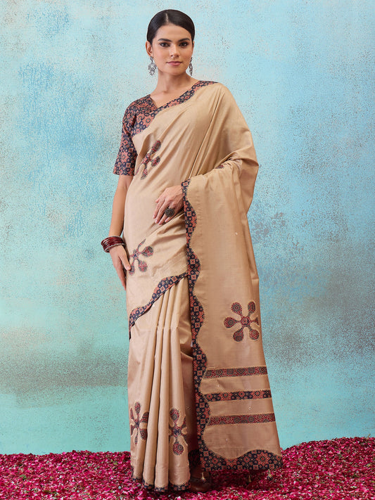 Light Brown applique silk blend saree with navy blue blouse piece