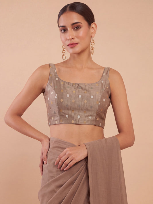 Beige zari woven georgette sleeveless readymade saree blouse with round neck