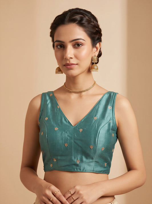 Turquoise Blue sequin embellished vichitra silk sleeveless readymade saree blouse with v neck