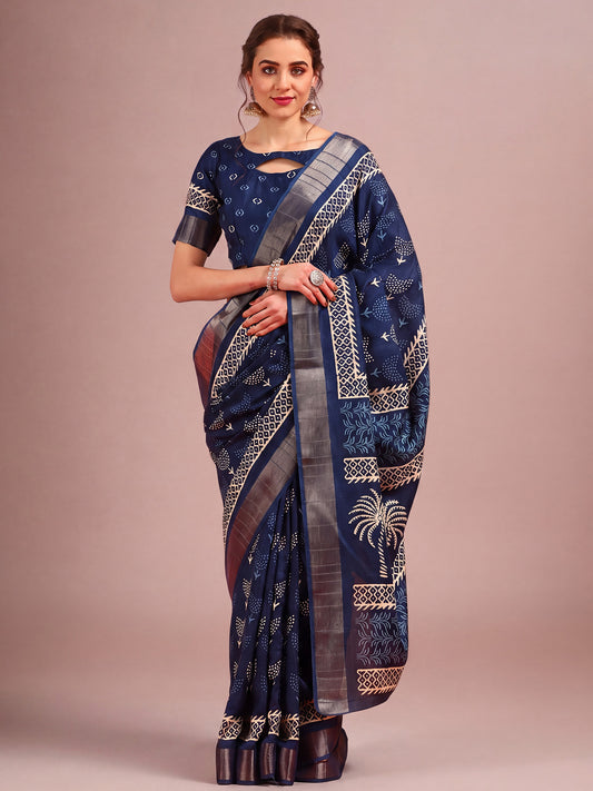 Woman wearing navy blue cotton silk saree with traditional indian motif work and navy blue blouse