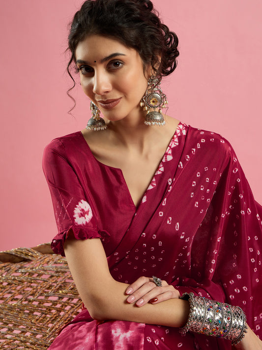 Maroon Shibori Tie-Dye Printed Saree