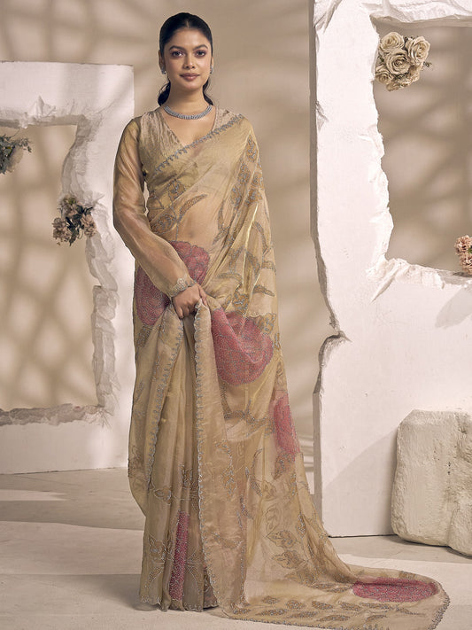 Champagne embellished organza saree with champagne blouse piece