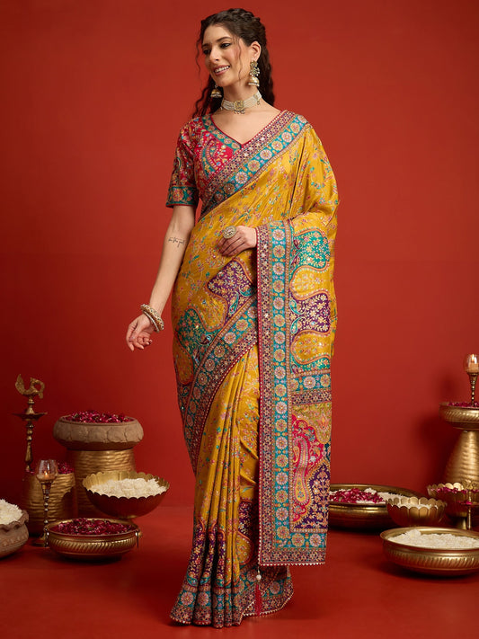 Woman wearing mustard silk blend saree with traditional indian motif work and pink blouse