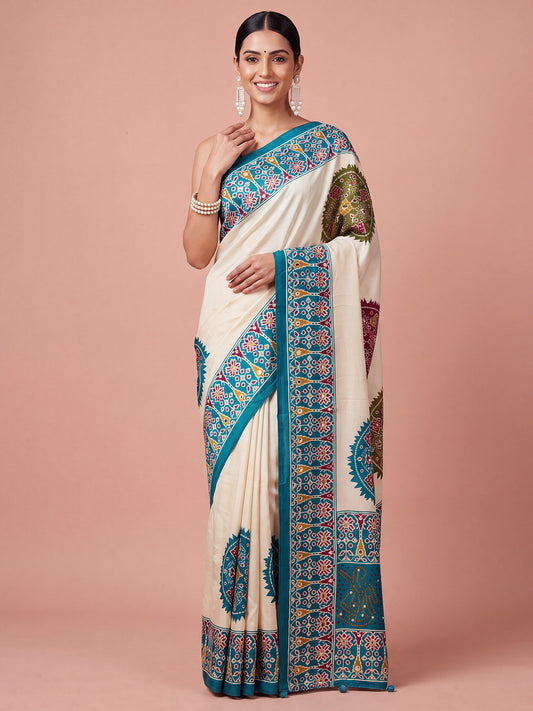 Light Blue ajrak satin saree with light blue blouse piece