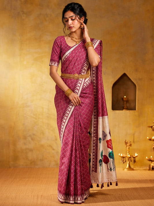 Mauve geometric soft silk saree with mauve blouse piece