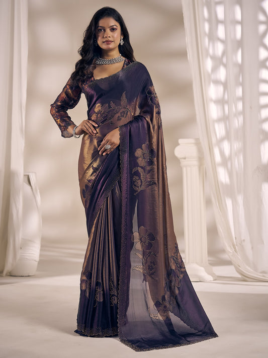 Purple embellished satin silk saree with purple blouse piece