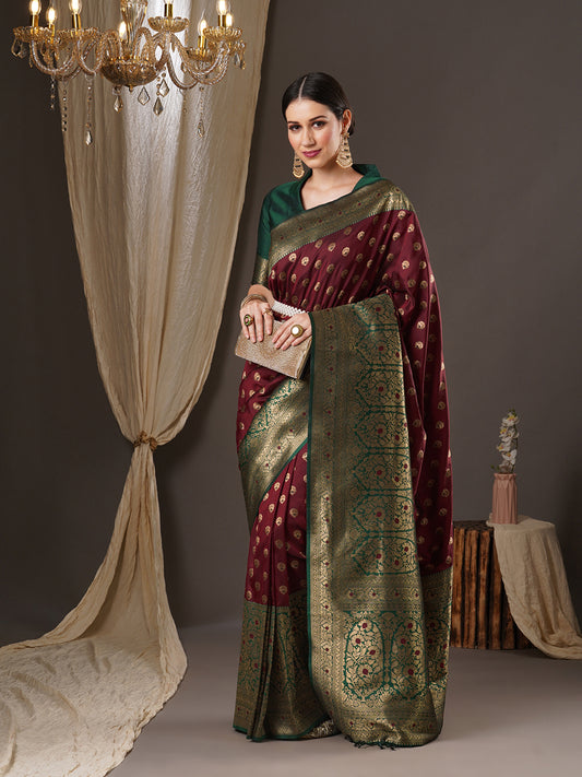 Banarasi Silk Saree | Maroon & Green with Gold Zari Weave
