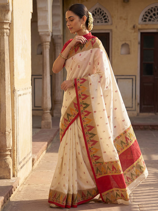 Ivory Ikat Silk Saree with Multicolour Border & Red Blouse