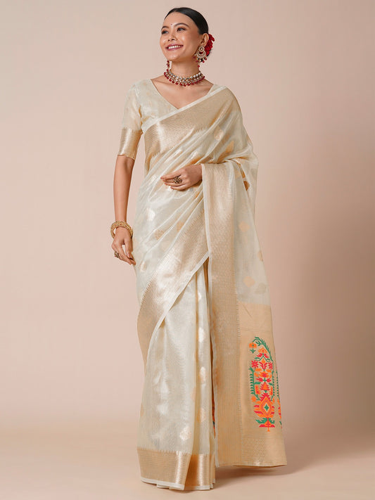 Off-White Woven Tissue Saree with Meenakari Pallu