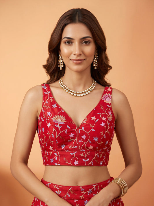 Red sequin embellished satin sleeveless readymade saree blouse with deep v neck