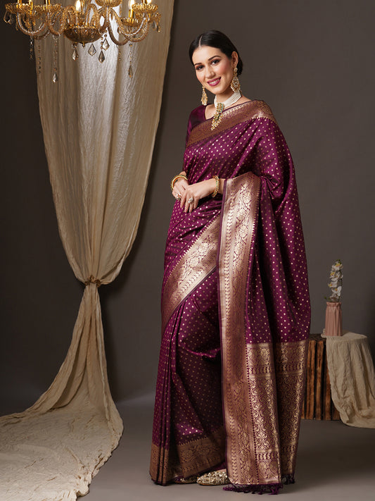 Wine Banarasi Silk Saree with All-Over Gold Zari Diamond Booties & Heavy Antique Gold Border