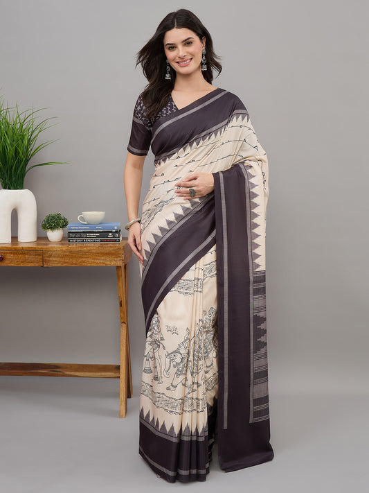 Off White kalamkari soft silk saree with black blouse piece