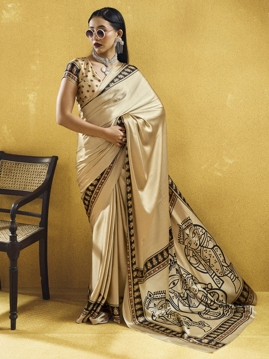 Beige ajrak satin saree with beige blouse piece