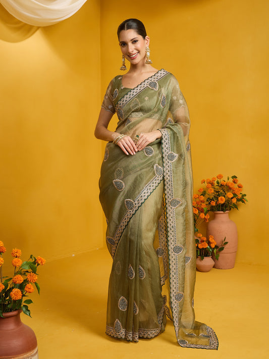 Woman wearing olive organza saree with ornamented surface design and olive blouse