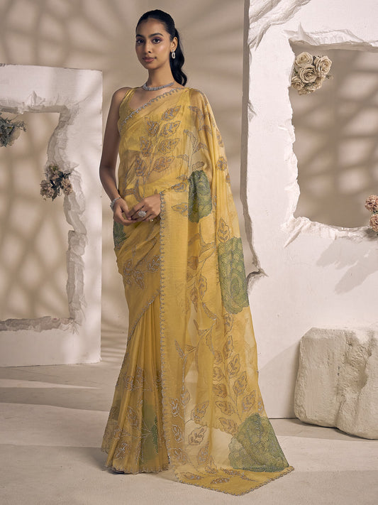 Yellow embellished organza saree with yellow blouse piece