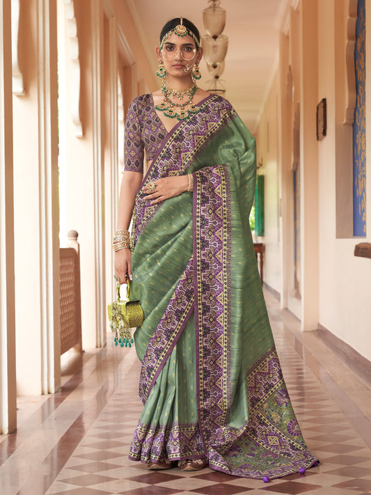 Light Green foil silk blend saree with purple blouse piece