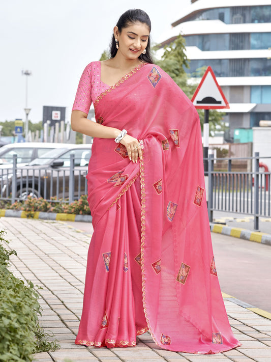 Peach foil chiffon saree with peach blouse piece