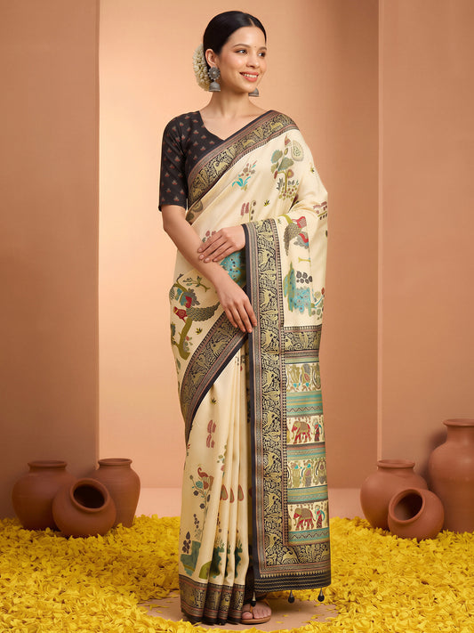 Woman wearing cream silk blend saree with metallic foil print work and black blouse