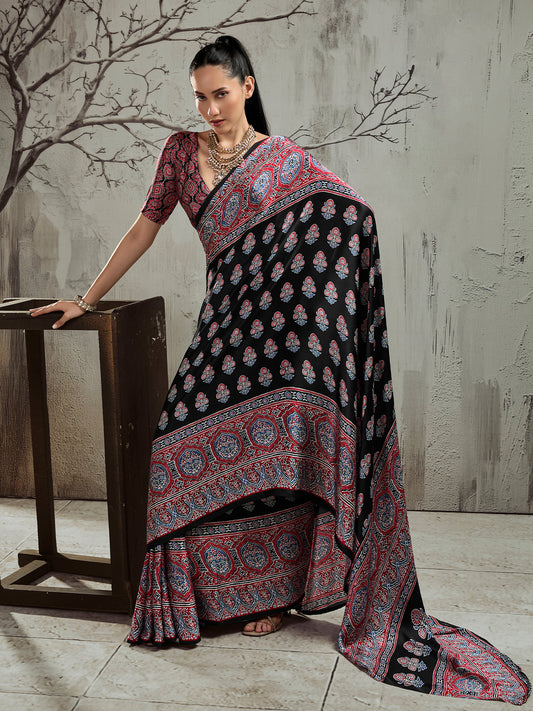 Black ajrak satin saree with maroon blouse piece