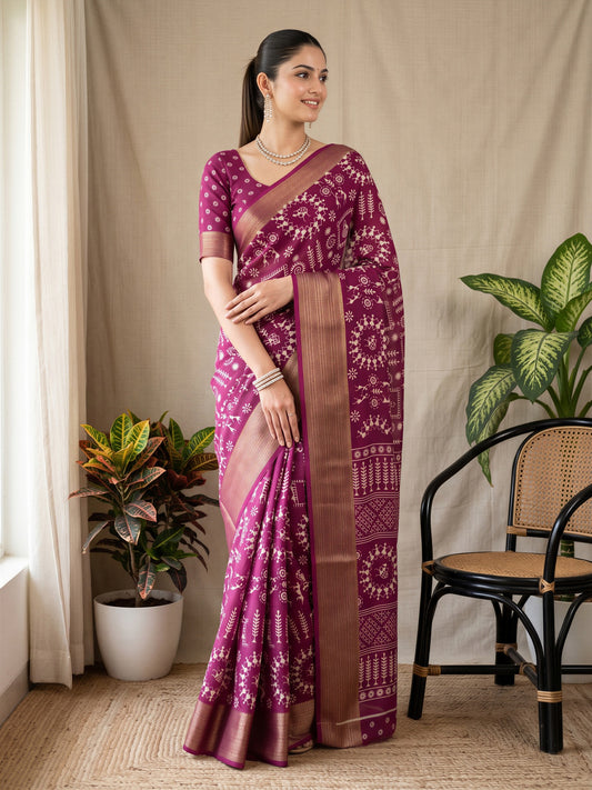 Woman wearing wine georgette saree with warli folk-art figures and wine blouse